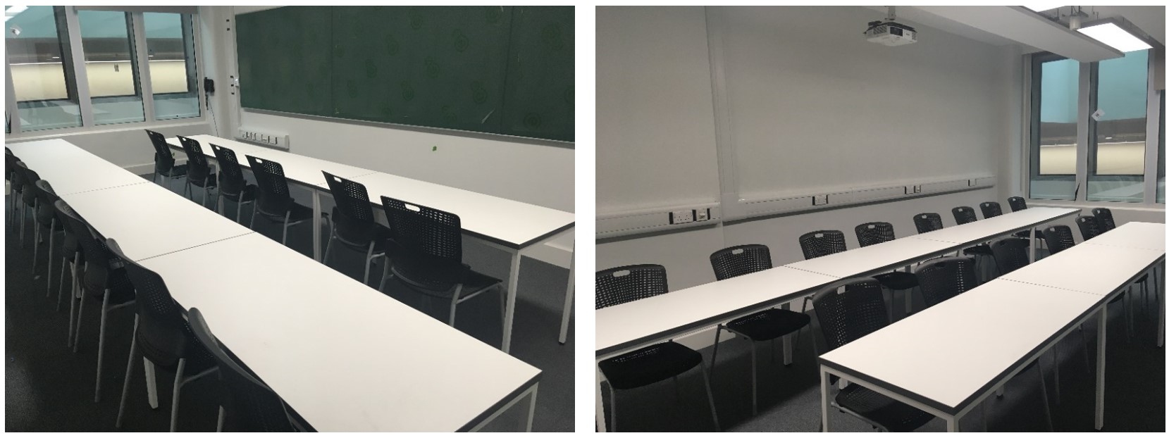 Tiered seats in rows facing the teaching wall.